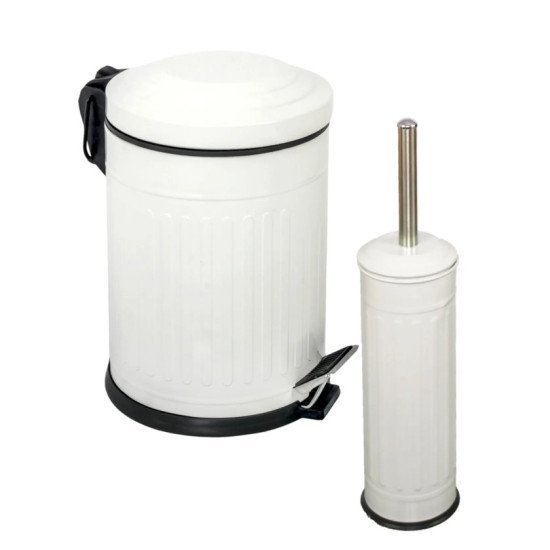 2’Lİ VINTAGE DESENLİ BANYO SETİ BEYAZ (5 LT PEDALLI ÇÖP KOVASI+MİKRO WC FIRÇALIK) - Toptan fiyatına