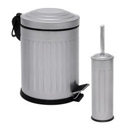 2’Li Vıntage Desenli Banyo Seti Gri (5 Lt Pedallı Çöp Kovası+Mikro Wc Fırçalık)