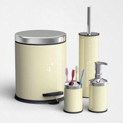4'Lü Banyo Seti Paslanmaz Kapak Krem (5 Lt Pedallı Çöp Kovası+Mikro 1 Wc Fırçalık+Sıvı Sabunluk+Diş Fırçalık)