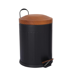 Vıntage Ahşap Desen Kapaklı Çöp Kovası Siyah 5 Lt